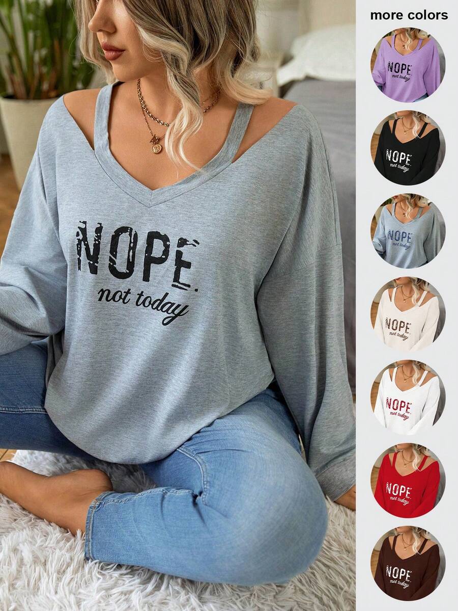 EMERY ROSE Plus Size V-Neck Open Shoulder Screen Print Long Sleeve Elegant Simple Sweatshirt , Graduation, Teachers For Women, Back To School Pullover Fall Winter Autumn - Light Grey - View 1