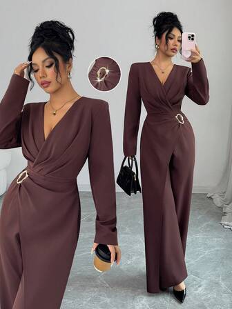 Elenzga Women's Solid Color Criss-Cross Wrap Front Long Sleeve Elegant Jumpsuit