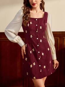 Vintamour Vintage Classic Elegant Women's Dress, Autumn/Winter Fitted Ladies' Corduroy Embroidered Dress, Long Sleeve Short Dress, Apricot Coffee Dress, Patchwork Dress, Square Collar Dress Burgundy - Burgundy - View 4