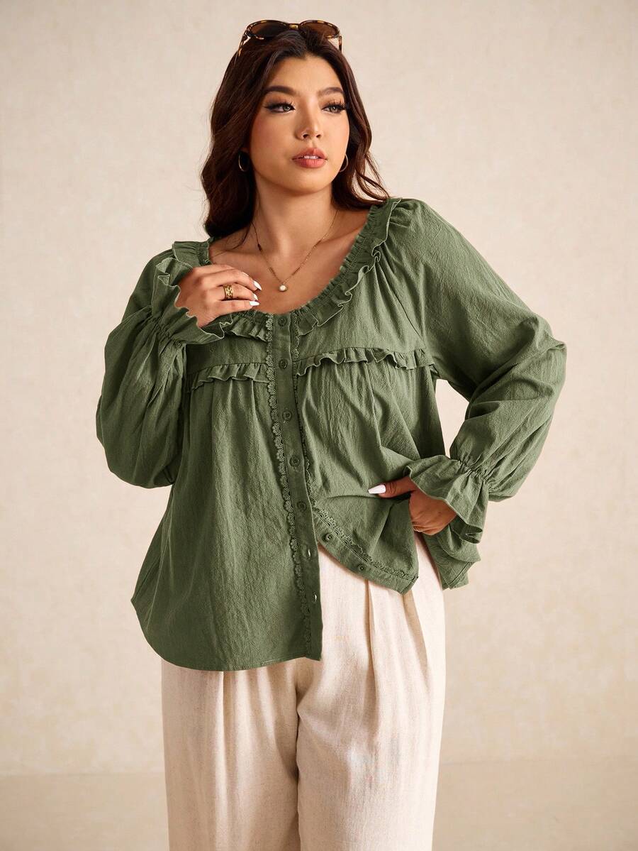 Elaquor Plus Size Damblus med långärmad, enfärgad volangkant, grön - Armé Grön - Visa 1