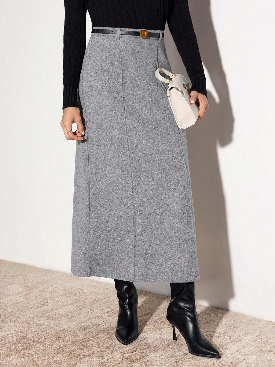 Modelyn 女士纯色高腰长款优雅半身裙 - 淺灰色 - 查看 1
