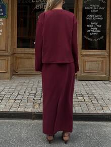 Elyressa Bộ 2 món áo khoác kim loại dài tay một hàng khuy và chân váy midi thường ngày cho nữ, mùa thu - Màu xanh lam - Xem 2