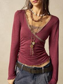 Bohemela Maglietta a maniche lunghe aderente da donna, scollo a V, tinta unita