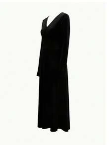 INAWLY Women's Long V-Neck Velvet Solid Color Dress - Black - View 3