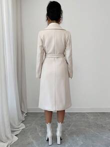 Elenzga Abrigo elegante de doble botonadura con cinturón, manga larga, cuello con solapa y decoración de aplicaciones para mujer, para otoño/invierno