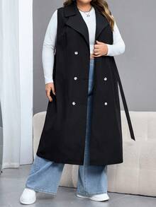 SHEIN CURVE+ Plus Size Women Black Casual Trench Coat/Winter - Black - View 3