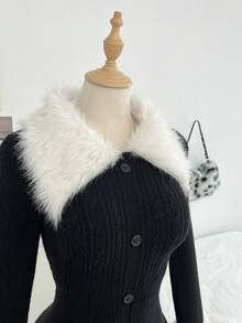 SHEIN Unity Váy len dệt kim cổ lông dài tay thường ngày cho nữ, mùa thu/đông - màu đen - Xem 4