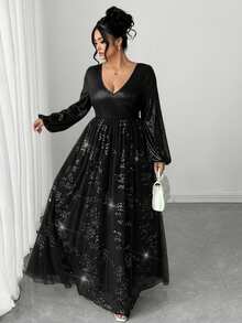 Elenzga Plus Size Sequin & Bead Embellished Mesh Long Sleeve Dress - Black - View 5