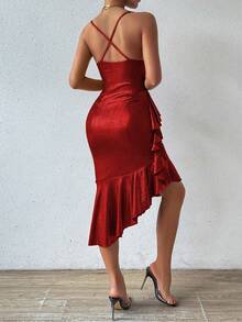 Rafferiza Solid Color Ruffle Decor A-Line Dress For New Year Holiday Party Clothes Maxi Women Outfit - Red - View 2