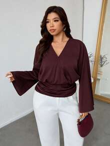 Firerie Áo sơ mi tay chuông màu trơn thanh lịch cỡ lớn dành cho người đi làm - Màu Đỏ Sâu - Xem 6