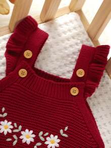 SHEIN 1 件婴儿连体衣，带荷叶边肩带，刺绣连体衣，时尚甜美