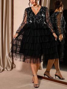 Cravure Christmas Plus Size Sequin Patchwork Sheer V-Neck Long Sleeve Dress