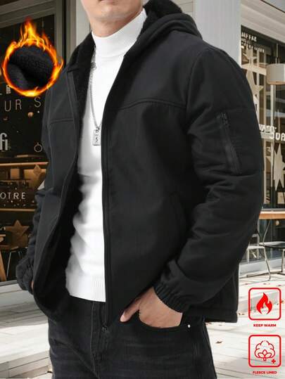 EGENSIO 男士保暖内衬纯色保暖内衬连帽休闲长袖外套，百搭