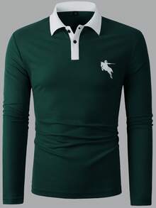 Calvornis Men's Dark Green Contrast Color Block Collar Long Sleeve Polo Shirt,Casual Autumn Golf Rugby Shirt,College Style Pattern Versatile Old Money Tops - Dark Green - View 5