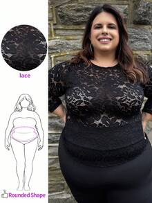 Enliva 1 Peça Top Preta de Manga Longa com Renda, Elegante Camiseta Semitransparente para Mulheres Plus Size - Preto - Visão 1