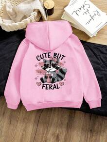 Sparklyn Young Girl Casual Cute Raccoon Heart Letter Print Hooded Long Sleeve Sweatshirt, Suitable For Fall Clothes Tops "Cute But " Printed Sweatshirt - Pink - View 4