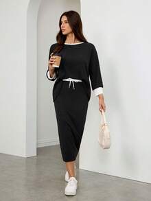 SHEIN Tall 2pcs/Set Women Casual Batwing Sleeve Ribbed Contrast Binding T-Shirt And Drawstring Waist Pencil Skirt, Spring/Autumn, Tall Women - Black - View 6