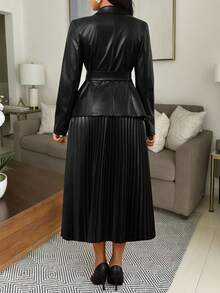 SHEIN Lady Autumn Black PU Fabric Blazer And Pleated Skirt Set,Women's Elegant High-Quality Two-Piece Suit For Summer Office Commuting And Daily Fashion Suits - Black - View 2
