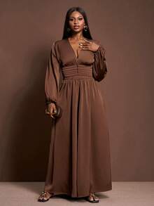 Veslaya Chocolate Brown Plus Size Women's Autumn Elegant Ruched Waist & Cuff Flared Leg Jumpsuit,Dinner Wedding Guest Date Night Formal Party Slim Fit - Brown - View 5