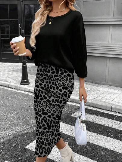 SHEIN LUNE Damski, modny, swobodny top i spódnica w panterkę, 2-częściowy komplet, odpowiedni na jesień/zimę