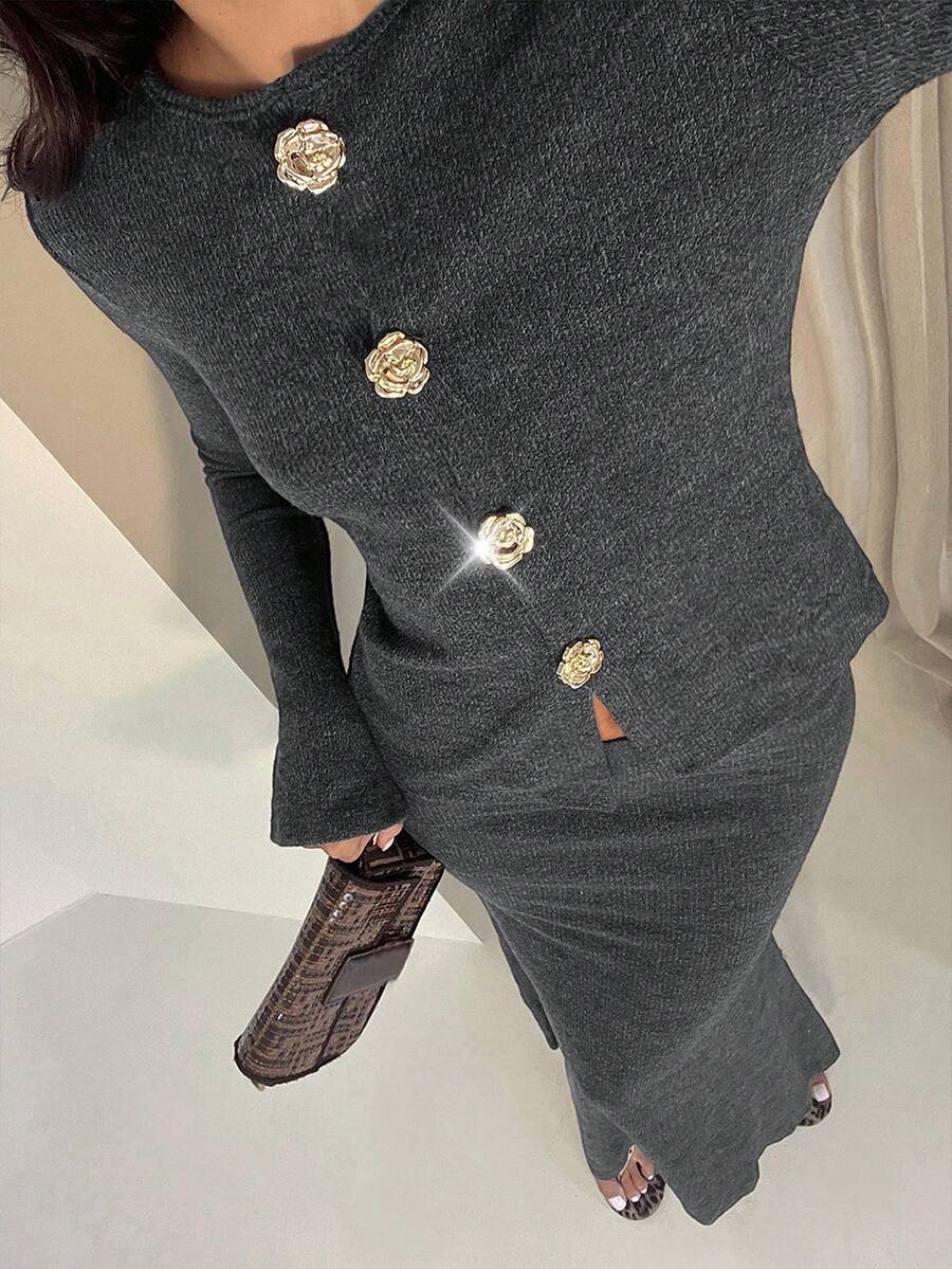 Glamine 女款秋季優雅深灰色套裝,2件套圓領金屬鈕扣長袖針織上衣與魚尾下擺人造毛保暖裙,適合用餐場合 - 深灰色 - 查看 1
