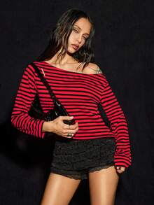 SHEIN ICON 女士性感露背条纹短款上衣，前卫街头风，适合万圣节，黑红条纹做旧款 - 彩色 - 查看 3