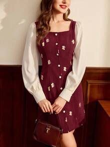Vintamour Vintage Classic Elegant Women's Dress, Autumn/Winter Fitted Ladies' Corduroy Embroidered Dress, Long Sleeve Short Dress, Apricot Coffee Dress, Patchwork Dress, Square Collar Dress Burgundy - Burgundy - View 3