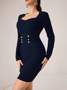 Modelyn Square Neck Double-Breasted Fitted Waist Bodycon Elegant Long Sleeve Mini Dress For Women - Navy Blue - View 4