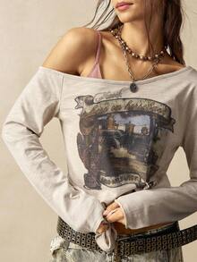 Bohemela 1 Áo thun dệt kim tay dài một bên vai màu trơn thường ngày cho nữ - Màu be - Xem 4