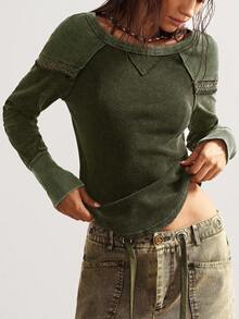 Bohemela Women's Casual Solid Color Knit Crew Neck Long Sleeve T-Shirt Matcha Centella Olive Green - Army Green - View 4