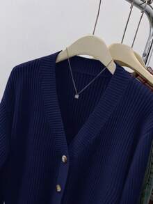 SHEIN Teen Girls' Solid V-Neck Cropped Casual Loose Drop Shoulder Long Sleeve Cardigan Sweater, Autumn - Navy Blue - View 4