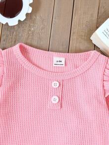 SHEIN Vintaside Kids 女婴两件套：樱桃刺绣牛仔裤+红色荷叶边长袖针织毛衣，甜美田园风穿搭，休闲日常穿搭，可爱又时尚，适合外出、聚会、派对 - 粉色 - 查看 5