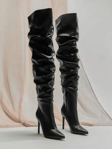 SHUZIA 女士百搭、保暖、性感过膝侧拉链细高跟靴 - 黑色 - 查看 5