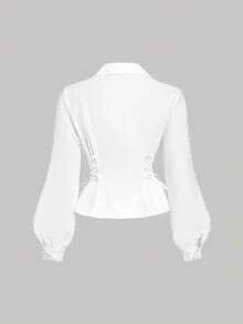 Blusa blanca elegante con mangas de farol y cintura anudada, simple y versátil para el trabajo y el transporte, blusas elegantes para mujeres, camisa con lazo, blusa blanca con lazo delante - Rosa - Ver 7