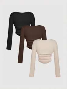 SHEIN MOD 3 Pack Plus Size Women's Square Neck Bodycon Long Sleeve Crop Tops,3pcs Pleated Smart Casual Everyday T-Shirt Set,Autumn Fall Winter ,Black - Multicolor - View 2