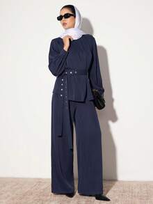 Modelyn 女式纯色褶皱长袖上衣配腰带和裤子，阿拉伯风格套装 - 藍色 - 查看 7