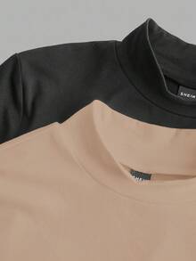 SHEIN EZwear 2件装纯色保暖连体衣，秋冬季高领长袖连体衣，长款上衣 - 卡其色 - 查看 5