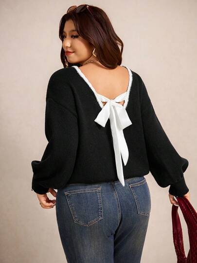 Elaquor Suéter de punto con lazo de estilo francés elegante y casual para tallas grandes, con ribete de encaje grueso en blanco y negro