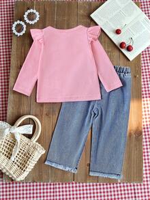 SHEIN Vintaside Kids 女婴两件套：樱桃刺绣牛仔裤+红色荷叶边长袖针织毛衣，甜美田园风穿搭，休闲日常穿搭，可爱又时尚，适合外出、聚会、派对 - 粉色 - 查看 2