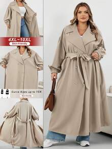 SHEIN CURVE+ Plus Size Women's Black Long Windbreaker, Black Long Sleeve Minimalist Casual Everyday Jacket Plus Size Trench Coat 8xl Women Coat Curve Trench Coat Plus Size Fall Coat,Fall Clothes For Womenfall Clothes For Women,Winter,CURVE PLUS - Khaki - View 1