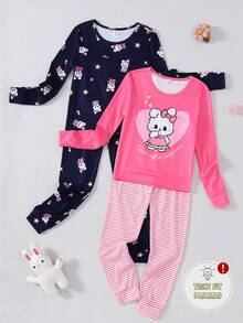 4pcs Girls Casual Cute Rabbit Print Long Sleeve Top And Leggings Pajama Set Snug Fit,Soft Winter Pajamas With Rabbit Pattern, Winter Pajama Set (2 Sets) Girls Cute Set Kids Girl Set - Watermelon Pink - View 3