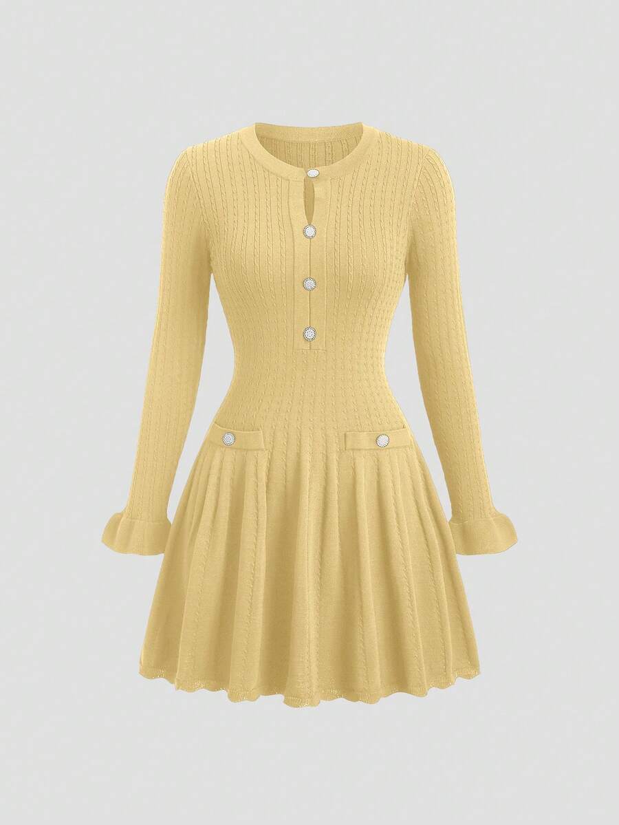 GlowEve 初秋法式优雅海军蓝镂空复古荷叶边下摆优雅长袖短款针织通勤连衣裙 - 黃色 - 查看 1