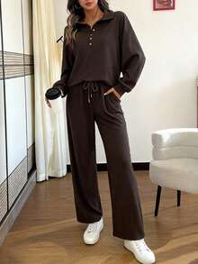 SHEIN Women's Solid Color Button Half-Placket Long Sleeve Sweatshirt And Pants Casual 2 Pieces Set, Autumn