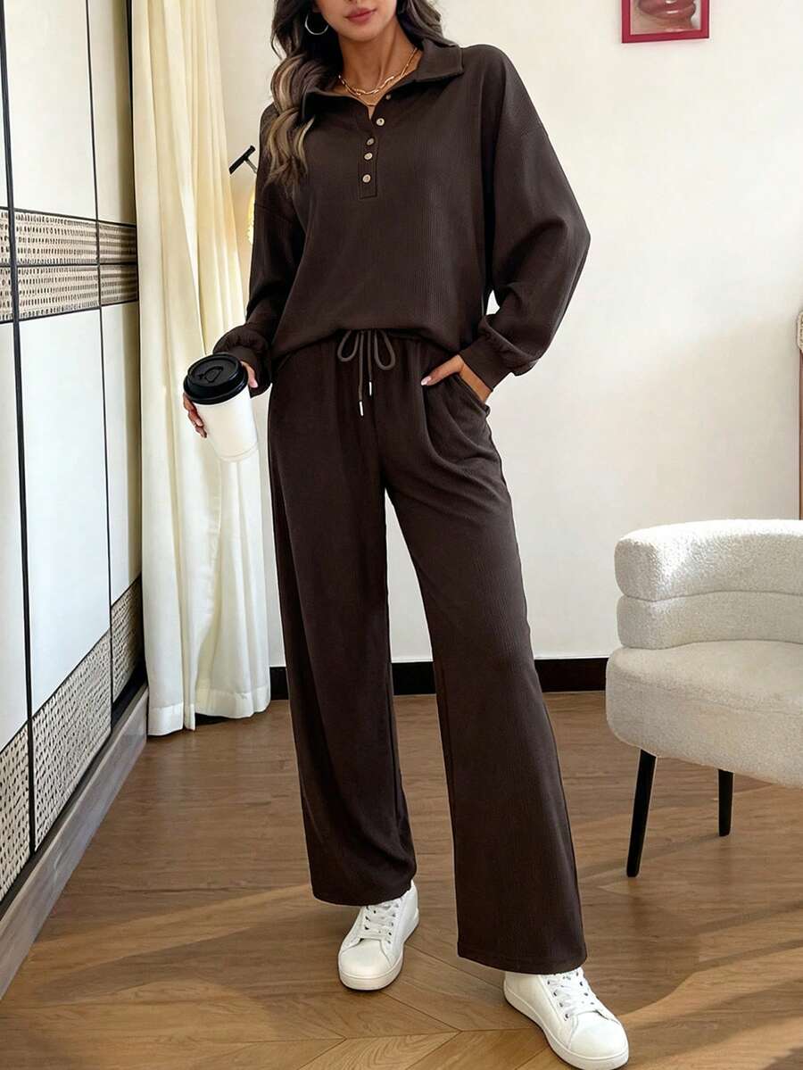 SHEIN Women's Solid Color Button Half-Placket Long Sleeve Sweatshirt And Pants Casual 2 Pieces Set, Autumn