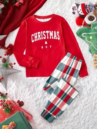 SHEIN 2pcs Kids Tween Boy Casual Daily Comfortable Letter Print Pattern Round Neck Loose Long-Sleeved Pajamas Tops Long Pants Sleep Pants Tight Home Clothes Set Two-Piece Christmas Pajamas Suitable For Christmas Snug Fit