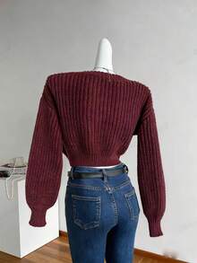 Celisse Casual Solid Color Lantern Sleeve Cropped Cardigan, Autumn/Winter - Burgundy - View 2
