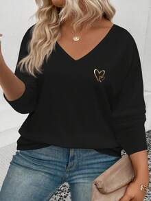 EMERY ROSE Camiseta básica de manga larga con cuello en V y estampado de corazón para mujer, popular para otoño/invierno, tallas grandes - Negro - Ver 3