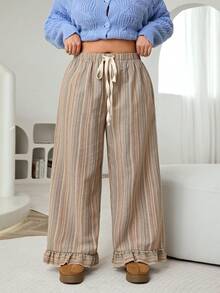 SHEIN EZwear 大码女式抽绳腰条纹阔腿宽松休闲裤 - 彩色 - 查看 7