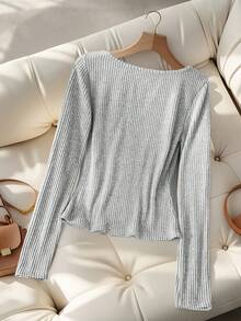 GlowEve Women's Casual Ribbed Crew Neck Long Sleeve T-Shirt - Light Grey - View 2
