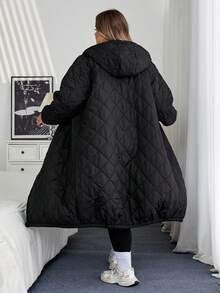 SHEIN CURVE+ Curve 加大码/秋装/秋季女装/女士冬装/冬装女士加大码黑色休闲连帽厚棉衣，适合冬季